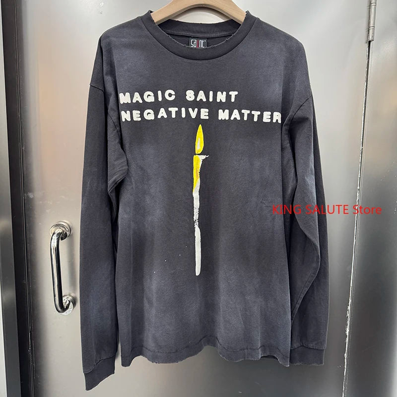 Gradient Color Letter SAINT Retro Washed Oversized T Shirt High Quality Japan Style Fashion Long Sleeve Tees