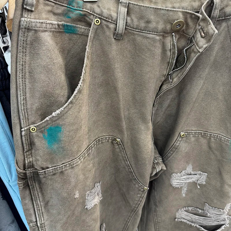 Khaki Saint Safari Style Mens Pants High Quality Heavy Fabric Washed Ripped Splash-ink Vintage Straight Casual Pants