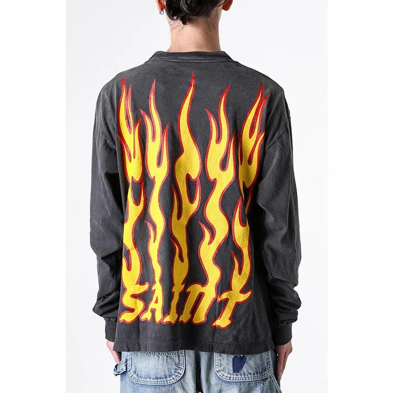 High Quality Saint Round Neck Soul Flame Vintage T Shirt Men Street Fashion Flame Word Long Sleeve