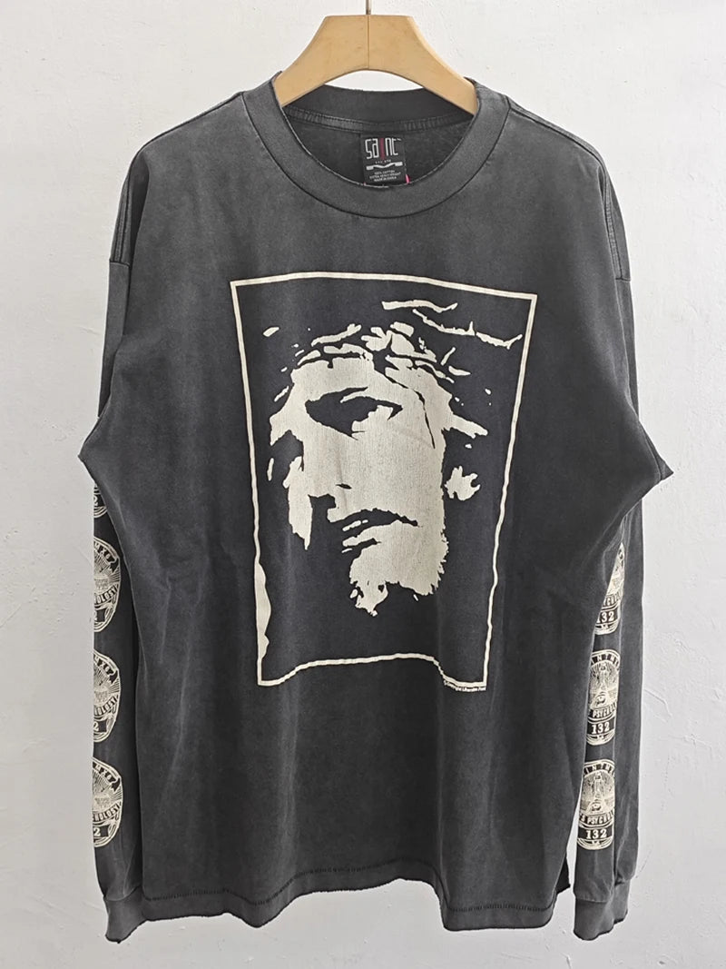Fashion SAINT Loose Biscuit Print High Street Casual Men Women Vintage T Shirt Autumn and Winter Tops