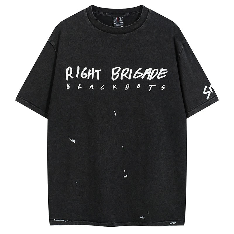 Splashed Ink Saint Crewneck Letter Print RIGHT BRIGADE Vintage T Shirt Casual Fashion Cotton Summer Short Sleeve