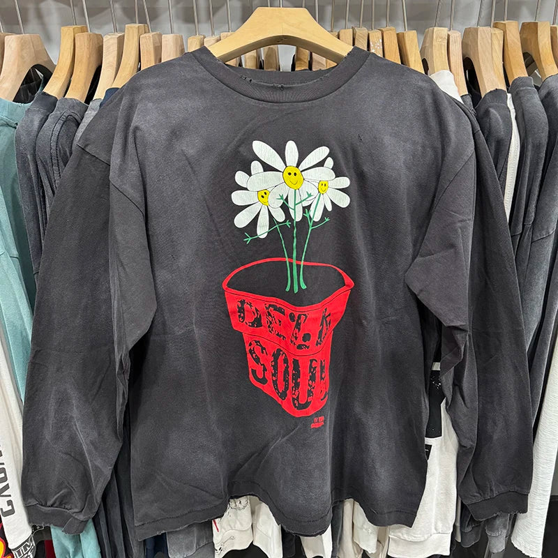 Autumn Saint Crewneck Floral Crack American Retro Long Sleeve Mens T Shirts