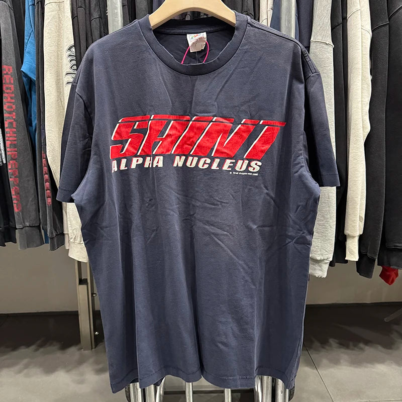 Retro Blue Saint Crack Letter ALPHA Logo Vintage T Shirt Washed Hole Summer Men Short Sleeve