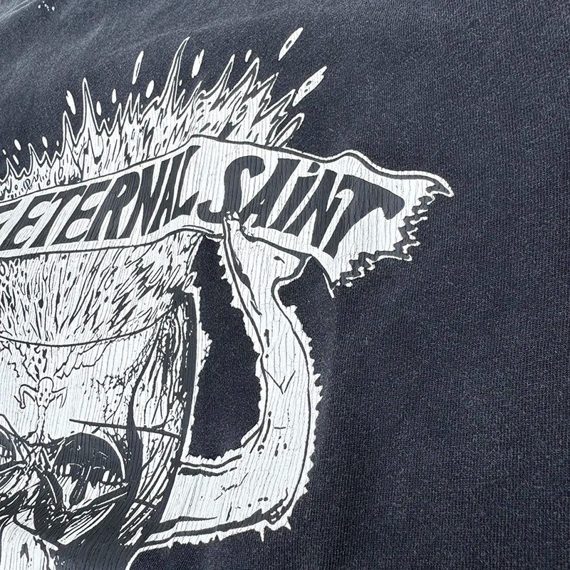 Street Fashion The Eternal Saint Letter Cartoon Skulls Print T Shirt for Men Summer Hip Hop Rap Loose Short Sleeve