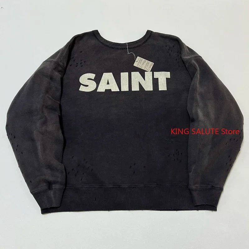 Washed Green Saint Winter Thicken Sweatshirt Loose Retro Hole Street Fashion Men Women Pullover Harajuku