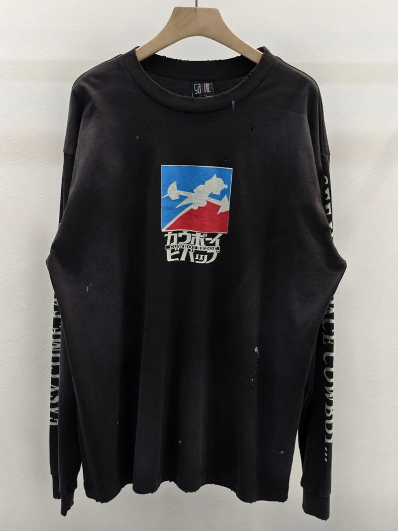 Washed Saint Loose Statue Printing Vintage Long Sleeve T-shirt Hip Hop Harajuku Ripped Tees