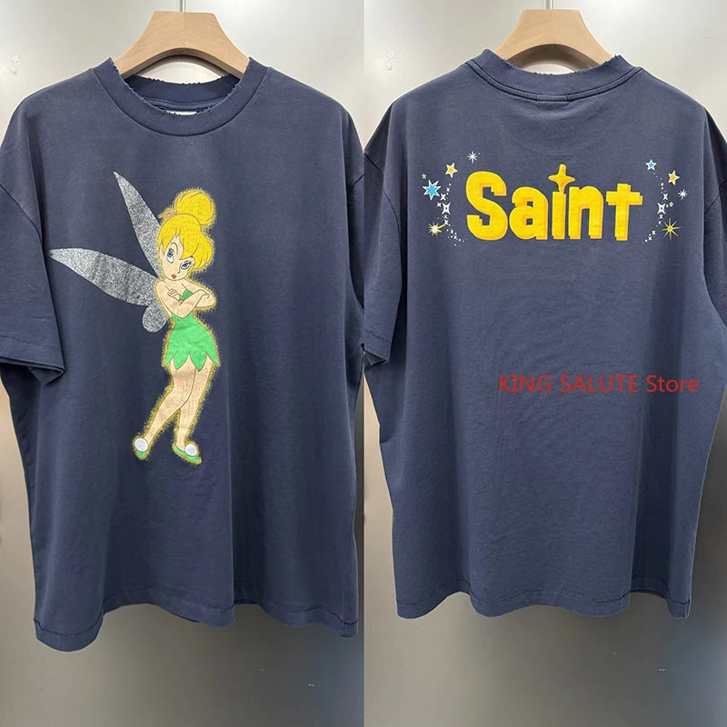 RRR123 X SAINT Wings Series Crewneck Oversized T Shirt High Street Casual Men Women Fashion Summer Tops