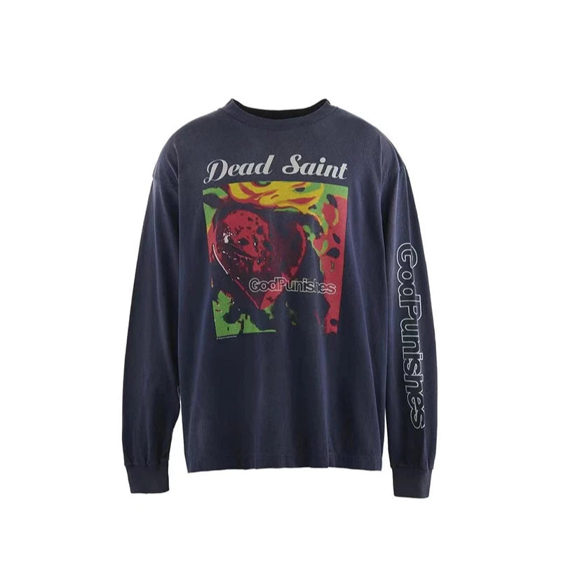 Vintage Casual SAINT Oversized T Shirt High Quality Pure Cotton Blue Sky Print Fashion Men Women Long Sleeve Tees