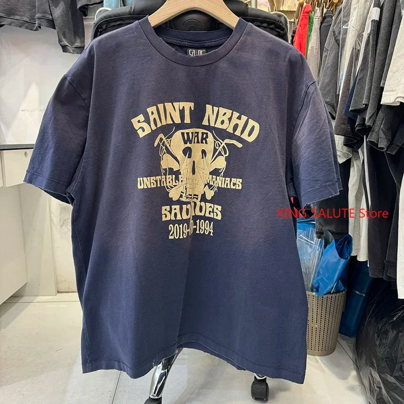 Street Fashion Saint Cartoon Happy Angel Oversized T Shirt Casual Men Summer Cotton Washed Vintage Tee