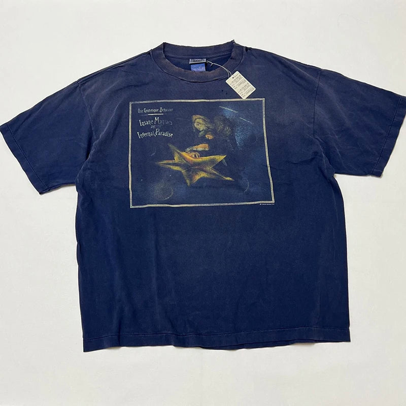 Washed Vintage Saint Letter Print Harajuku Oversized T Shirt High Street Casual Men Women 1:1 Cylindrical Tees