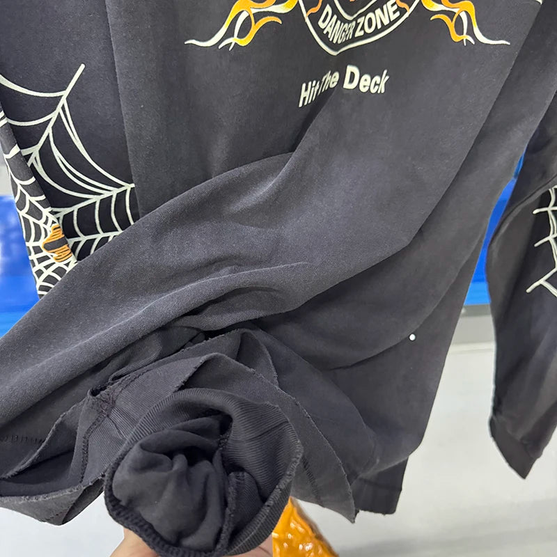 Vintage Hip Hop Street Saint High Quality Letter Print Hole Washed T Shirt Men Loose Fashion Long Sleeve DISCO