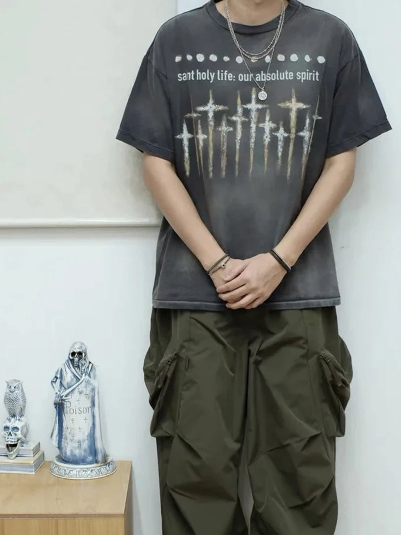 VTG Nine Toothed Nail Round Neck Oversized T Shirt Men High Street Casual Summer Cotton Saint Fashion Short Sleeve