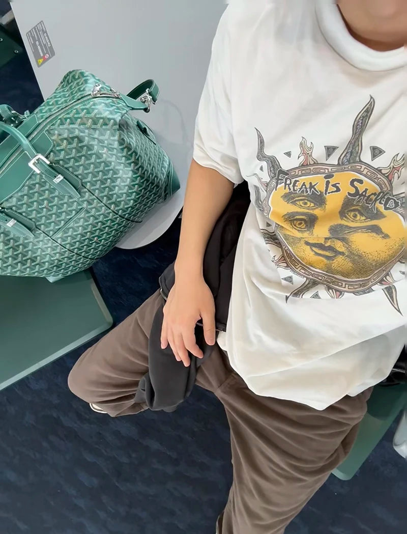 FLEA Letter Print Solar Disk Graphic T Shirts Summer Cotton Loose High Street Men Saint Popular Short Sleeve Tees