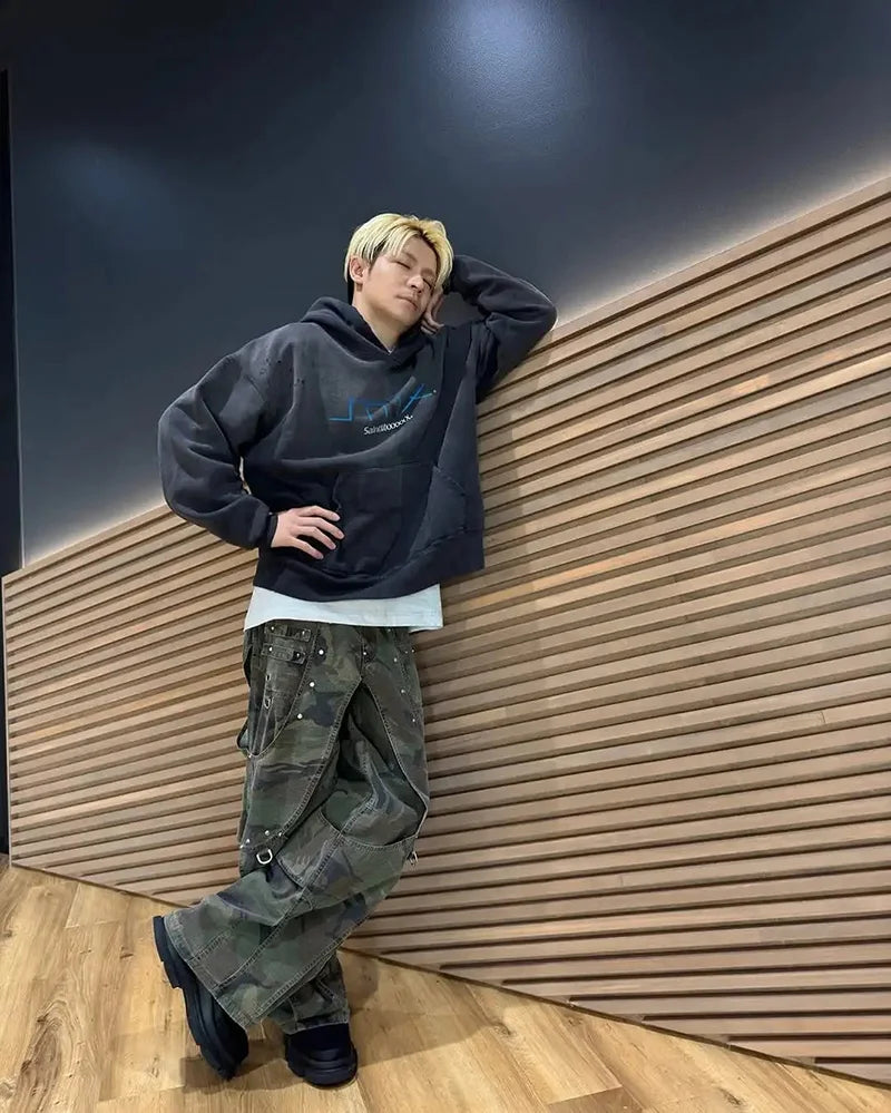 25AW Saint Letter Print Retro Black Hoodies Washed Cotton High Street Casual Pullover Simple Fashion Men