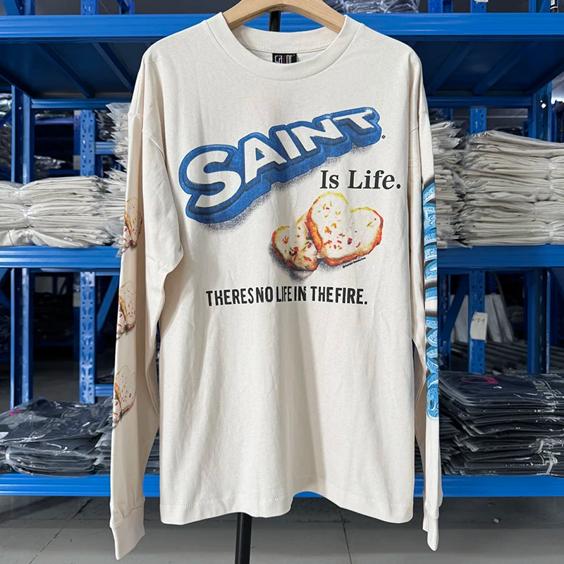 Fashion SAINT Loose Biscuit Print High Street Casual Men Women Vintage T Shirt Autumn and Winter Tops