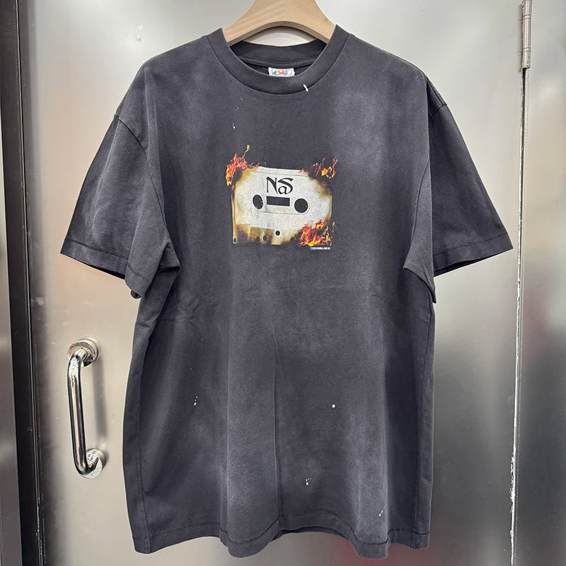 American Retro Flame Tape Graphic T Shirts Street Casual Men Trendy Summer Tops