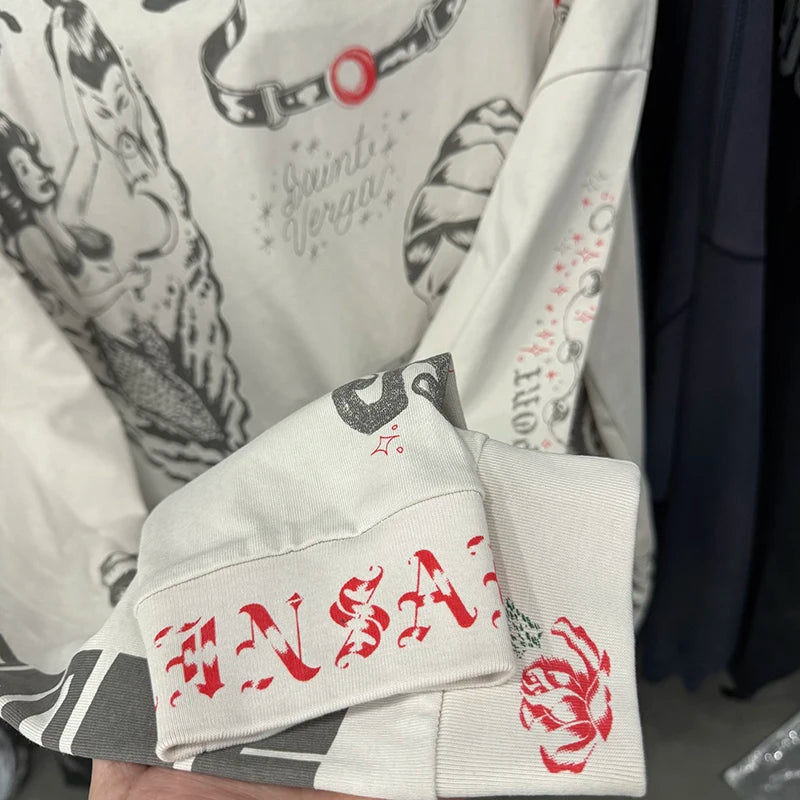 High Quality Saint Art Graffiti Printed Vintage T Shirt Autumn Cotton American Retro Fashion Letter Long Sleeve Men Streetwear