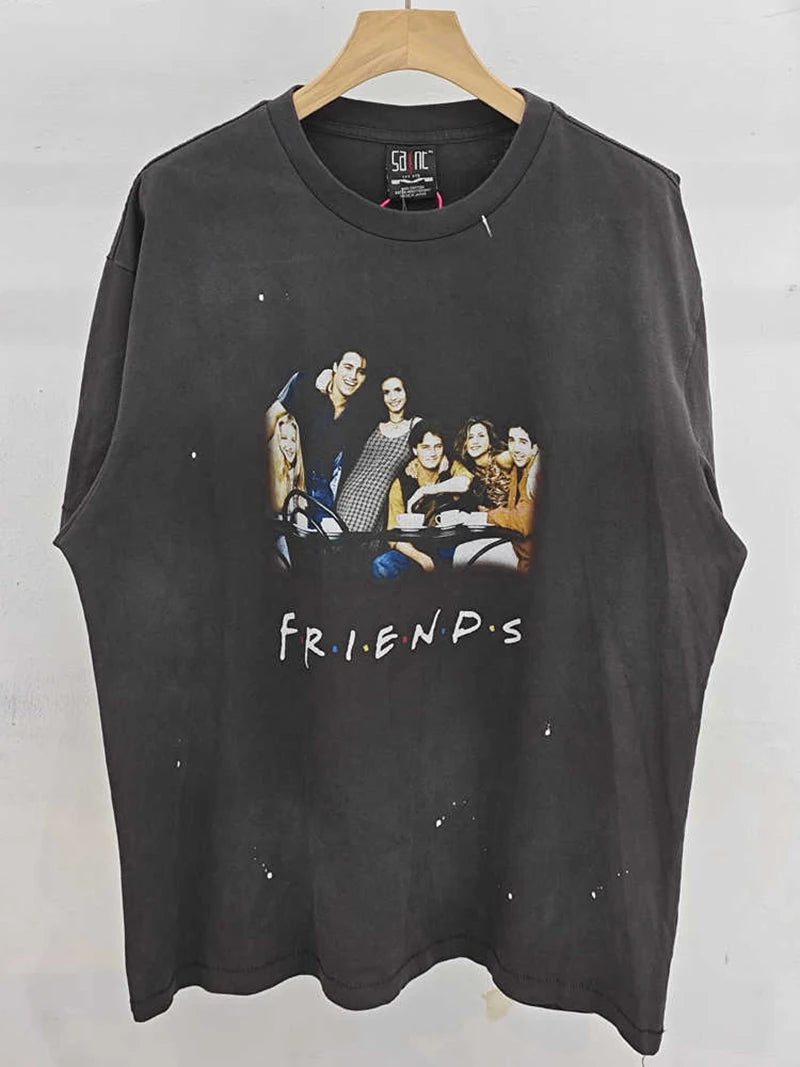 Casual Summer Saint Washed FRIENDS Graphic T Shirts Pure Cotton Loose Short Sleeve