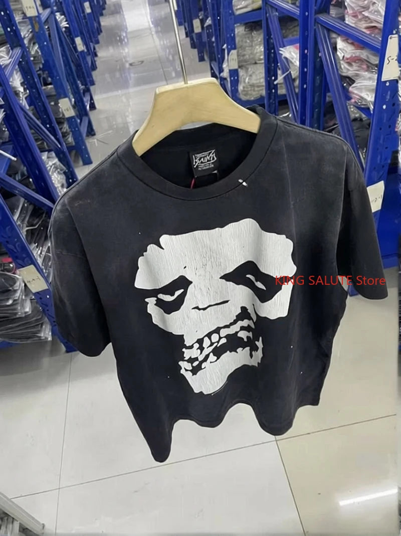 Simple Retro Style Saint Loose Cotton Skull Letter Print Vintage T Shirt Casual Summer Short Sleeve Streetwear Men