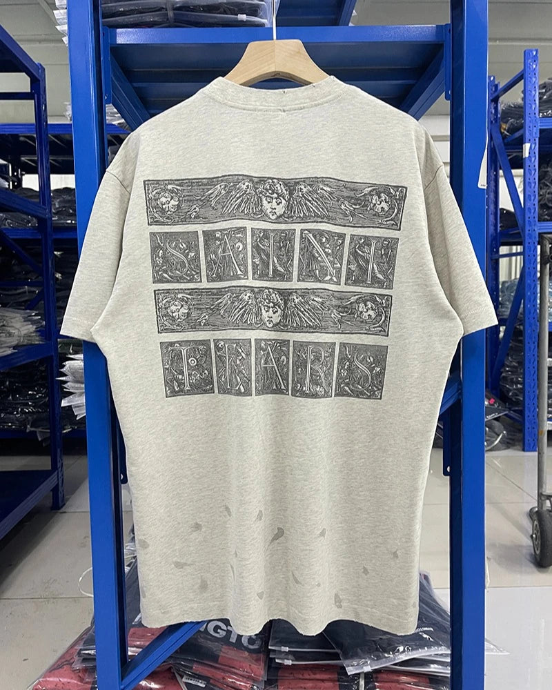 Vintage Casual Saint X Tears Graffiti Hole Breaking Style Skulls Print Graphic T Shirts Streetwear Men