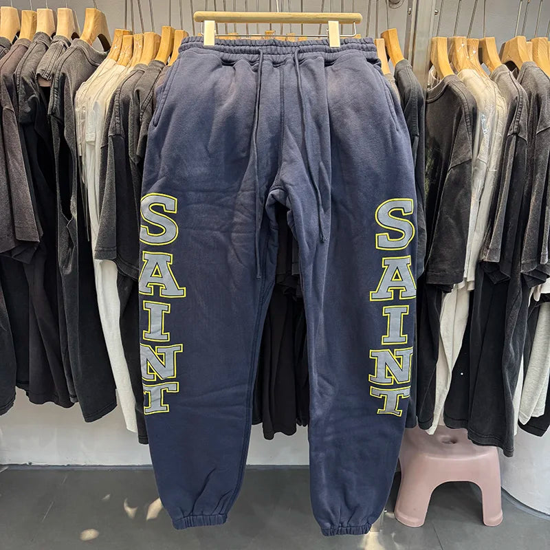 Washed Saint High Quality Letter Print Vintage Blue Casual Mens Pants